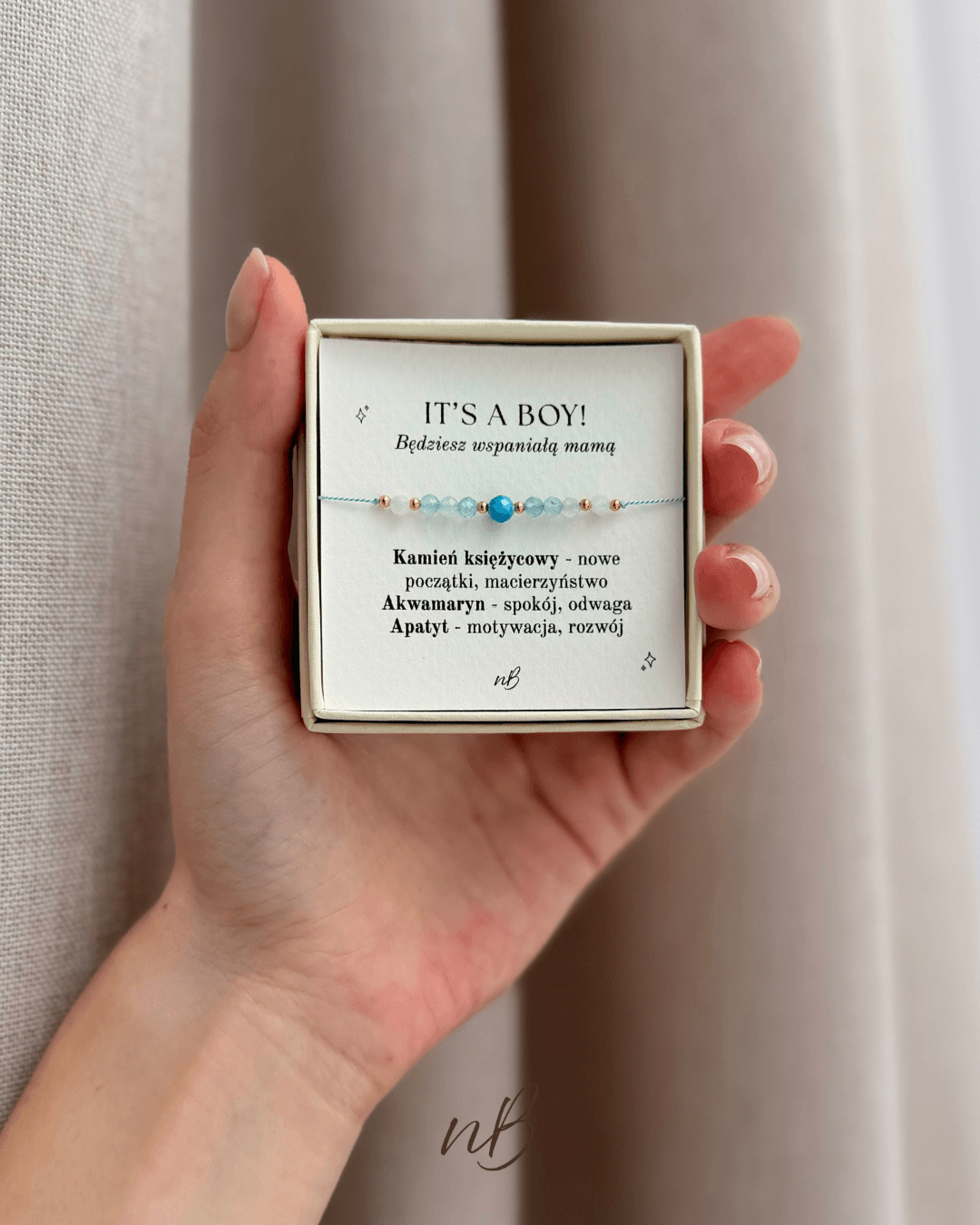 Bransoletka z Kamień księżycowy, Akwamaryn, Apatyt - Bransoletka dla mamy chłopca - It's a Boy - energetyczna bransoletka z kamieni naturalnych